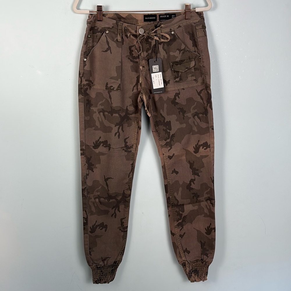 NWT RANBEERI khaki camouflage denim slim fit jogger pants size US 7